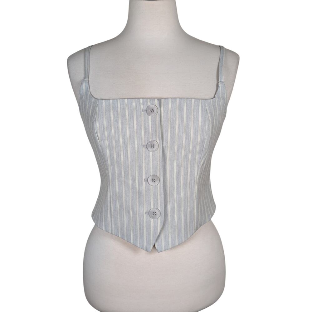 New Rachel Zoe Sz 6 Cropped Gray Pinstripe Suit Vest Shirt Button Up Square Neck